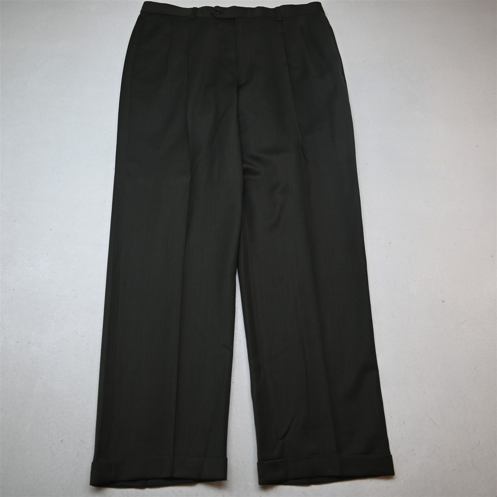 Vtg USA Made 34x32 Olive Green Wool Pleated Cuffed Baggy Dress Mens Pants